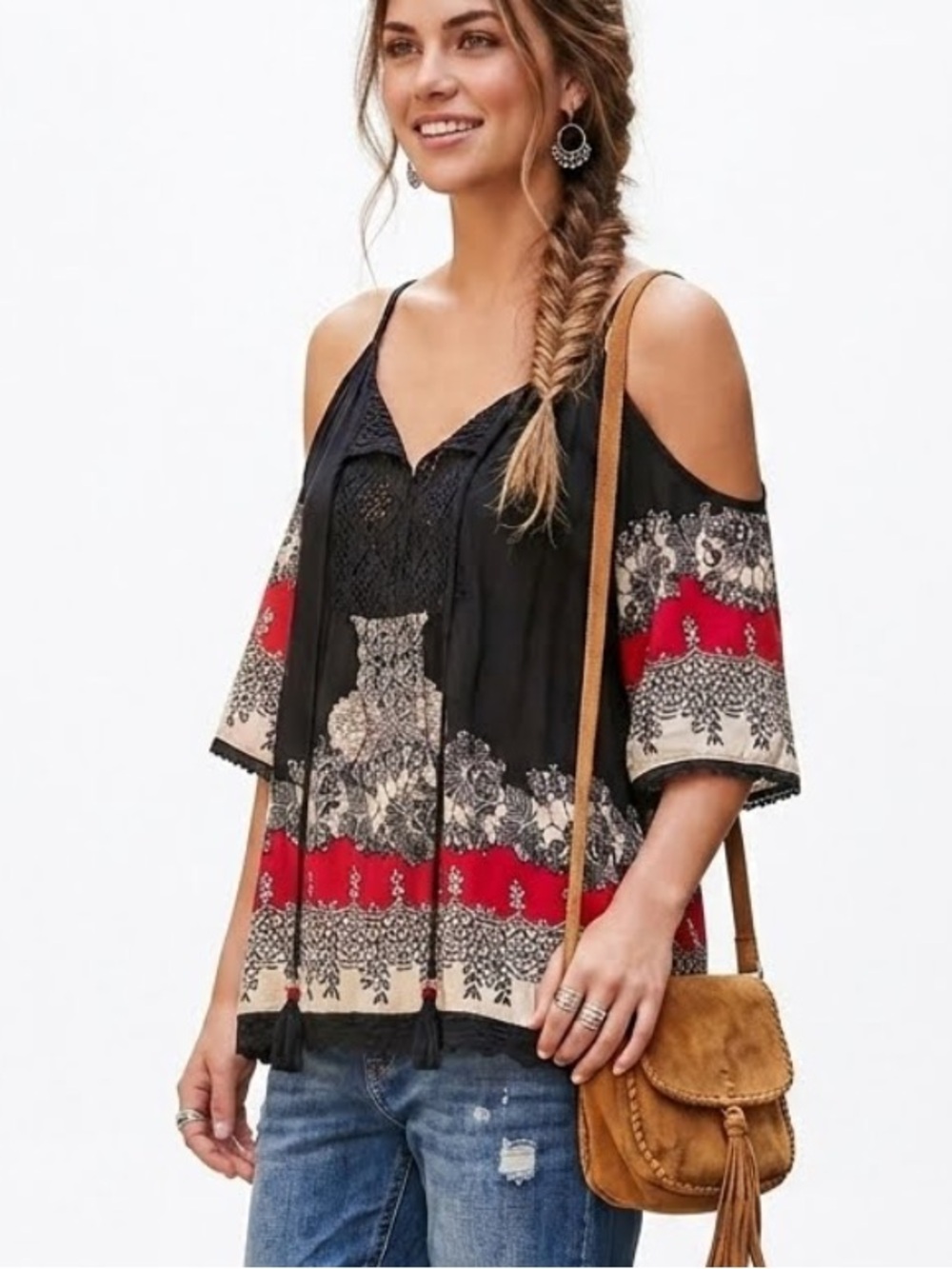Angie Bohemian Embroidered Peasant Top Cold Shoulder Black/Red/Cream Tassels Med